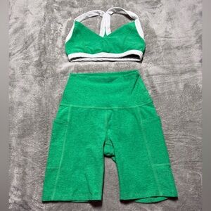 Beyond Yoga Green and White Sports Bra and High-Waist Bike Shorts Set